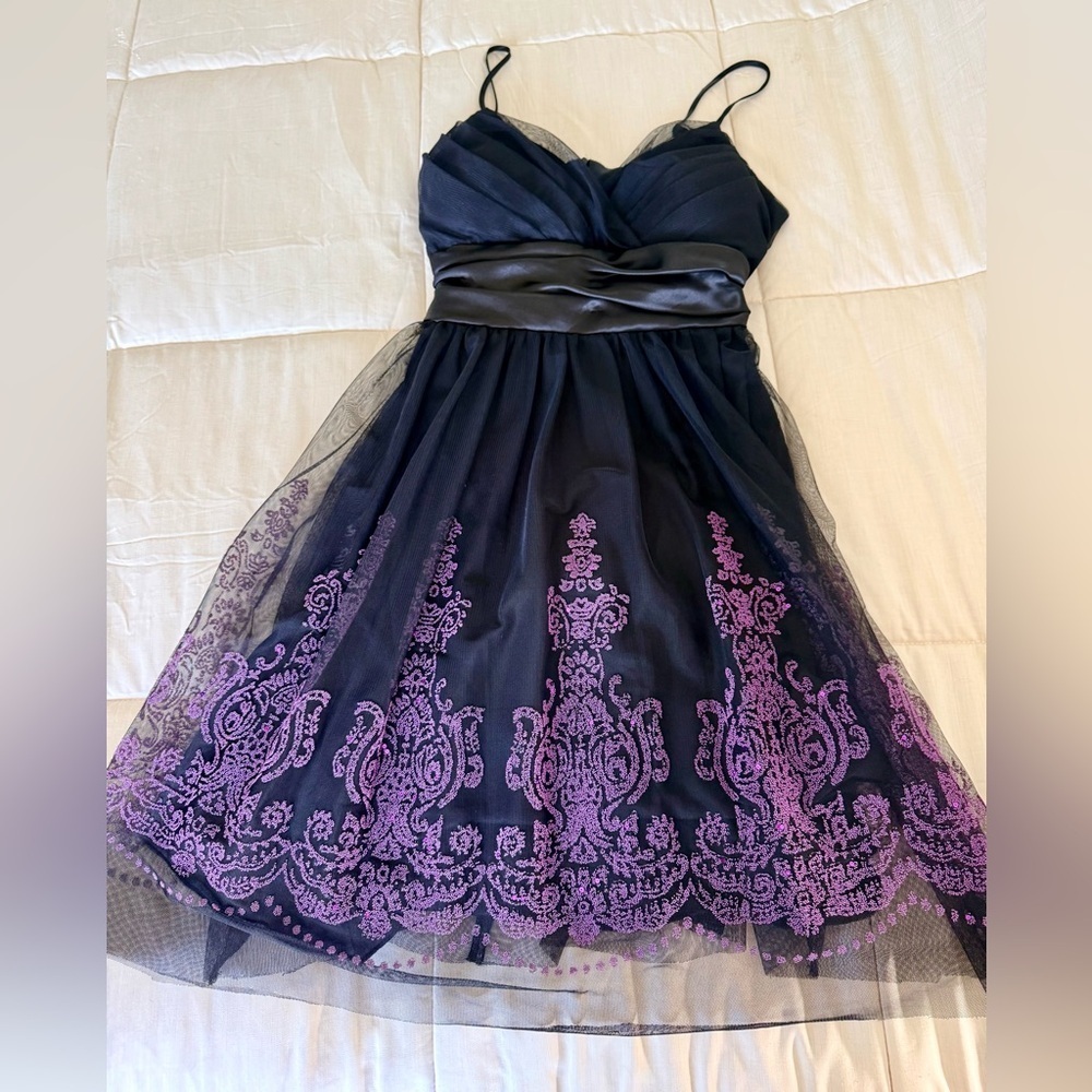 B Moss Y2K black tulle cocktail prom dress sweetheart neck purple beading 4 EUC